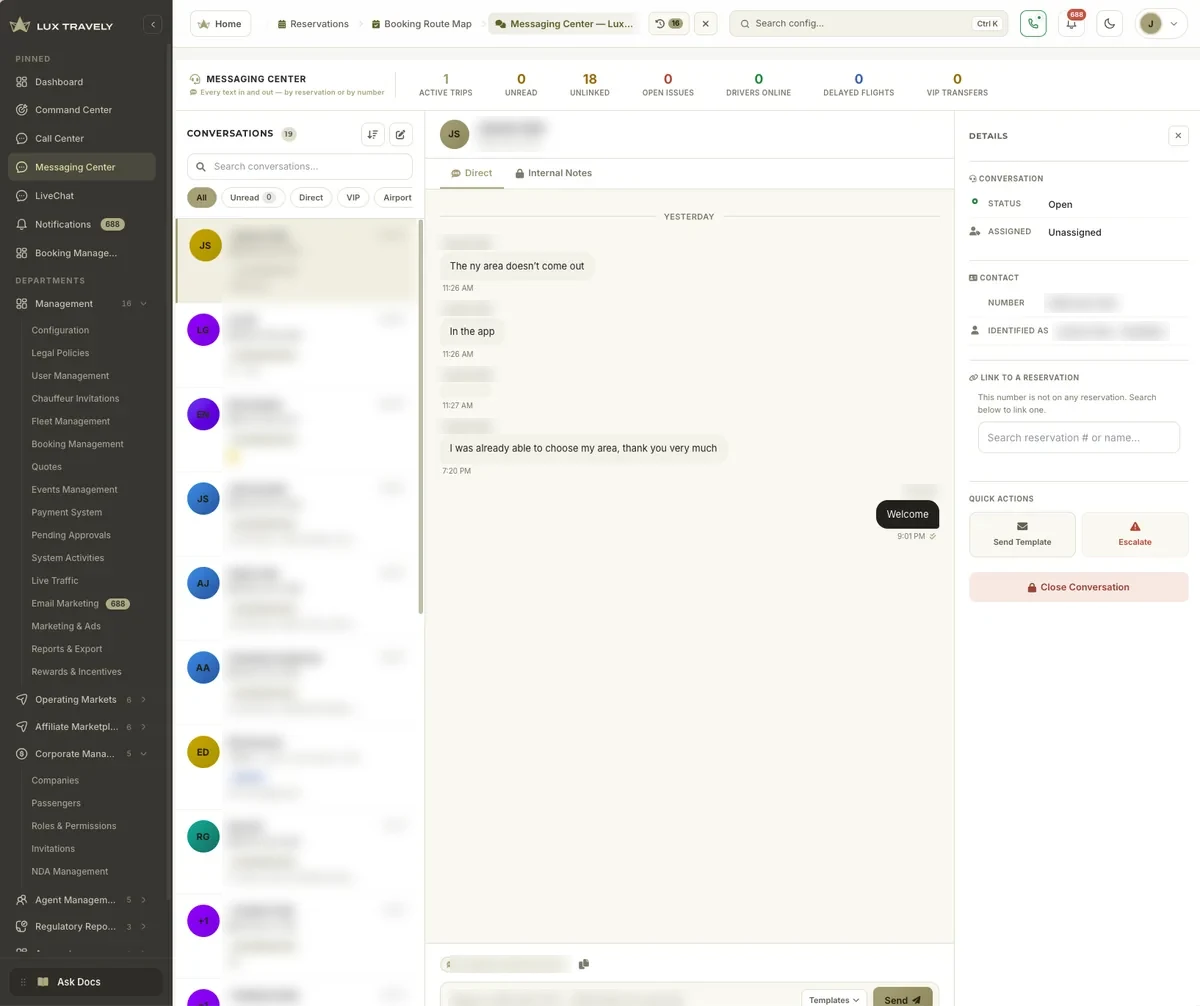 Lux Travely messaging center with a reservation conversation